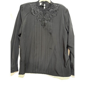 Vtg. Baker Essentials womens plus sz 20 T high‎ neck appliqué pleated top witchy